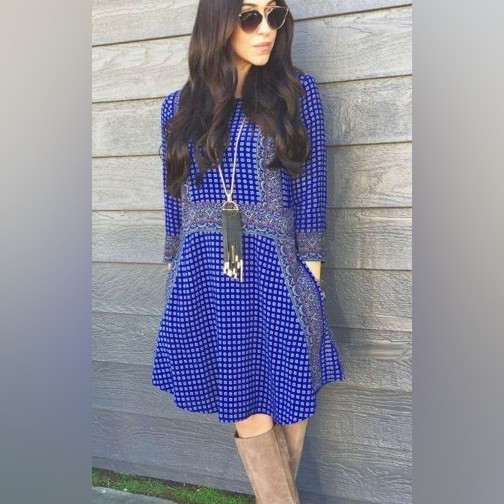 Women’s MADEWELL blue 100% silk ascot grid tee dress size medium